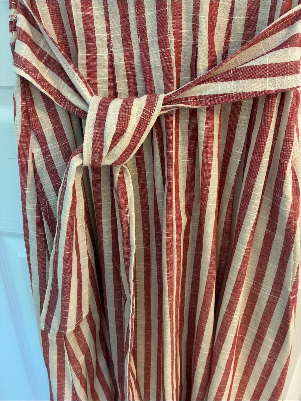 Max Studio Red and White Striped V-Neck Belted Midi Dress - Picture 3 of 9